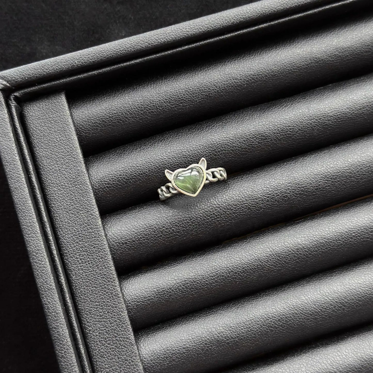 Green Rutilated Quartz Sterling Silver Ring in a black jewelry box