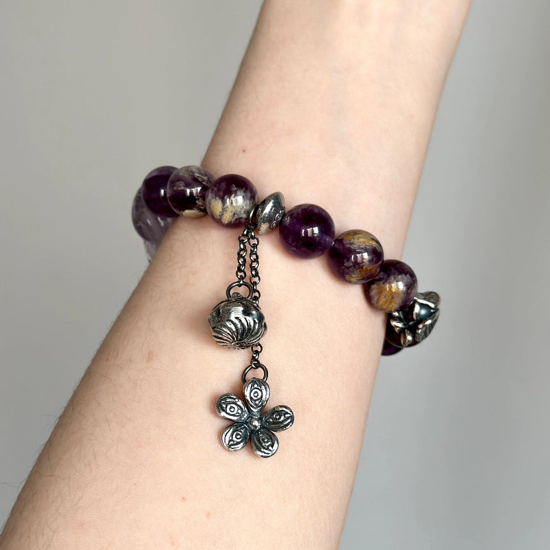 Sterling silver beaded bracelet with Phantom Amethyst and Amethyst Fox – healing jewelry for intuition and spiritual awareness.