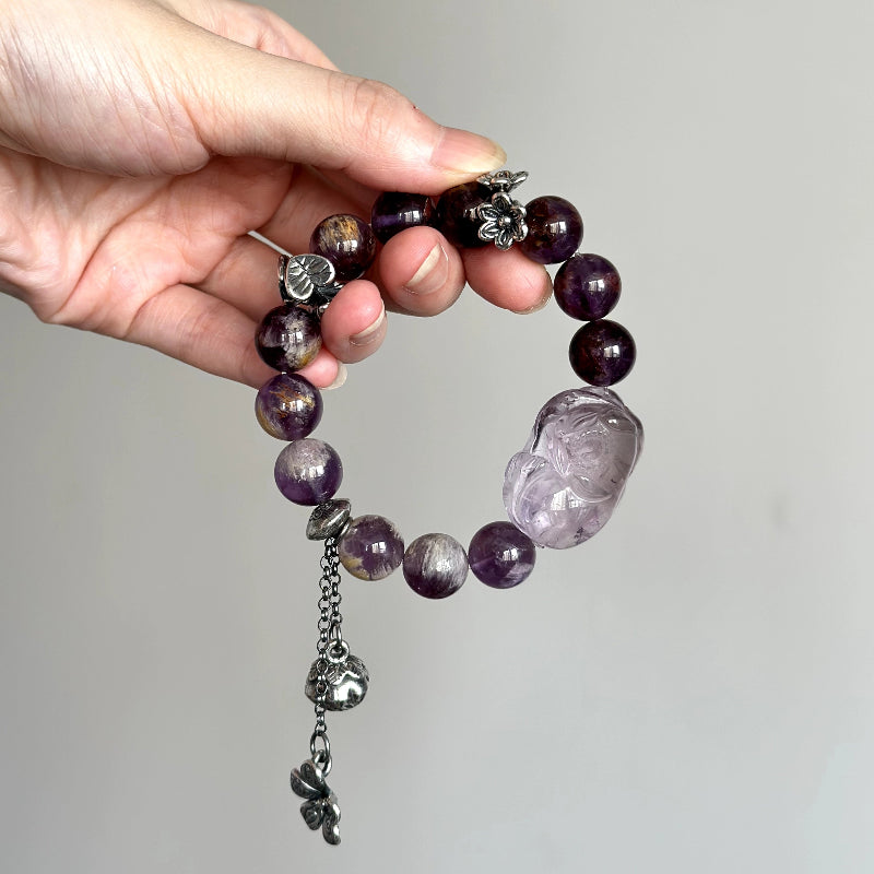 Beaded crystal bracelet with Amethyst Fox and Phantom Amethyst – handmade jewelry for feminine energy, balance, and peace.