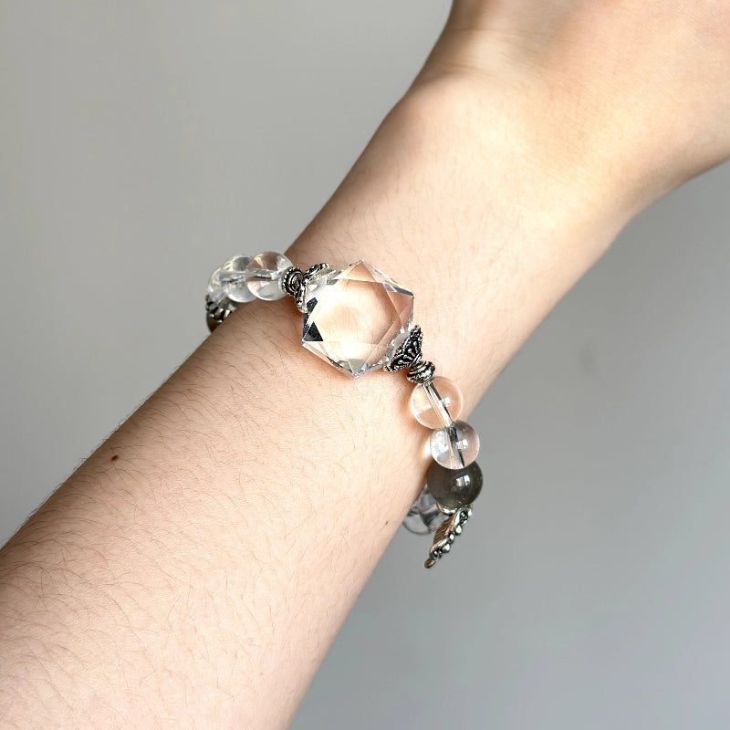 Beaded crystal bracelet featuring Grey Moonstone and Clear Quartz for emotional balance