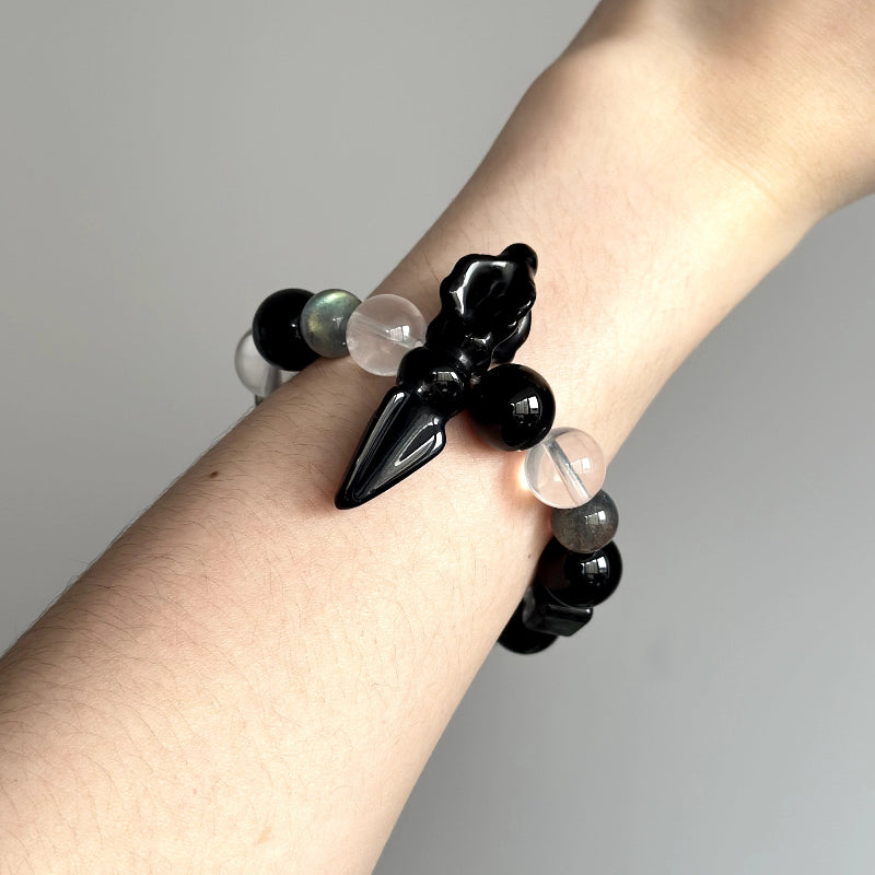 Energy crystal bracelet for protection and inner strength – includes Black Agate, Milky White Quartz, and Black Rutilated Quartz.