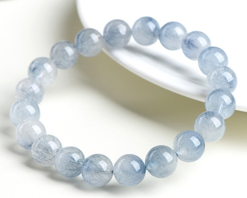 Blue crystal bracelet – rabbit hair quartz for anxiety relief, meditation, and protection