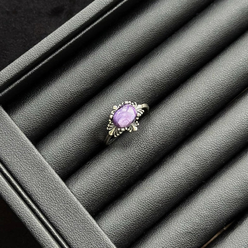 Charoite Ring with sterling silver, crystal for transformation, courage and spiritual growth