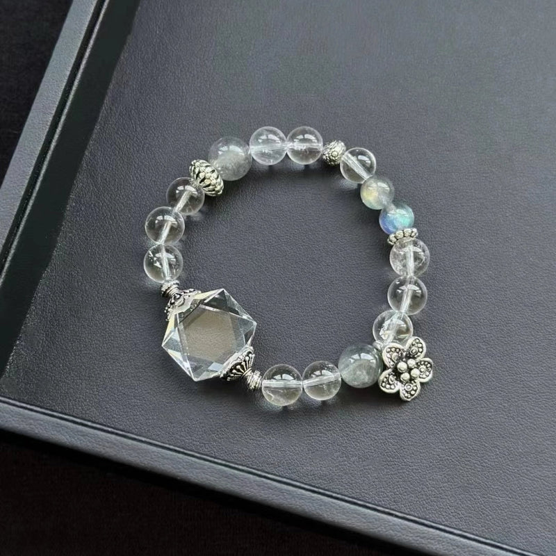 Clear Quartz and Grey Moonstone crystal bracelet for women, beaded healing stone jewelry