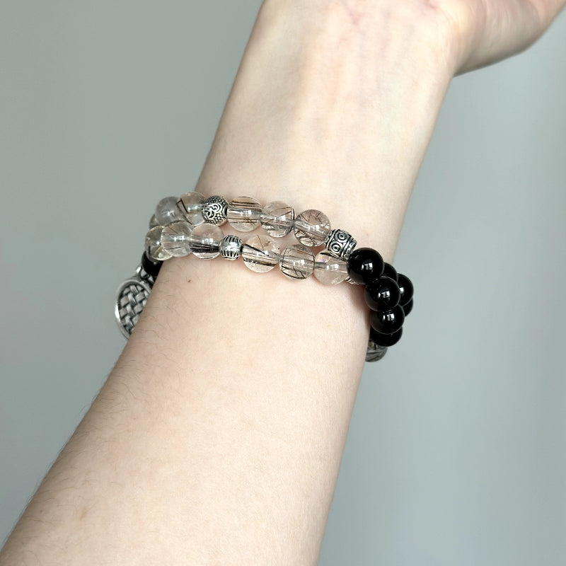 Stylish beaded bracelet with Frost Rutilated Quartz and Black Agate – handmade healing jewelry for resilience and protection.