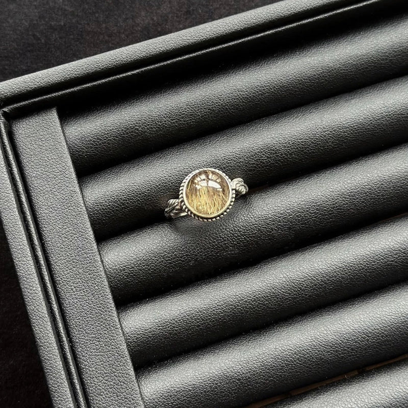 Golden rutilated quartz ring with sterling silver, for energy, vitality and protection