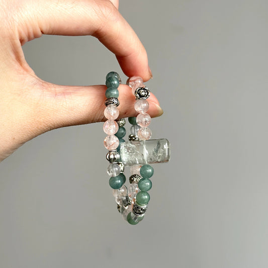 Energy crystal bracelet featuring Azeztulite and Rose Hematoid Quartz – supports clarity, transformation, and gentle grounding.