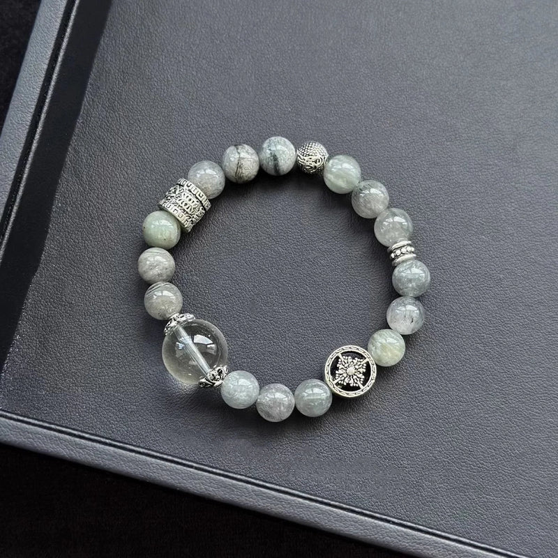 Healing crystal bracelet featuring Green and Blue-Grey Rabbit Hair Phantom Quartz – supports emotional healing, clarity, and spiritual growth.