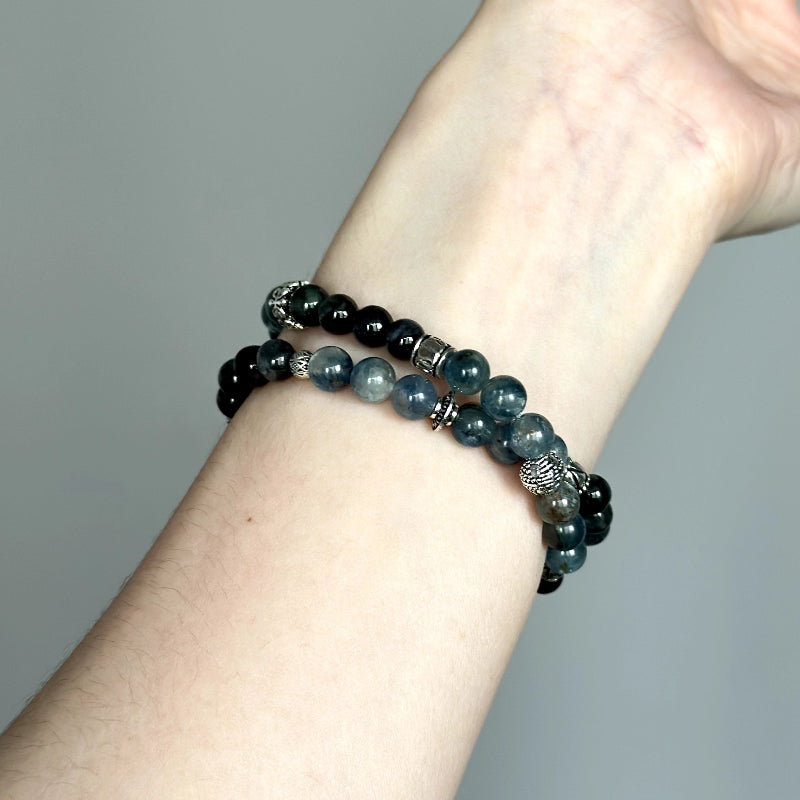 Unique beaded bracelet with Green Dragon Quartz, Jade, and Kyanite – handmade healing jewelry for wisdom and inner strength.