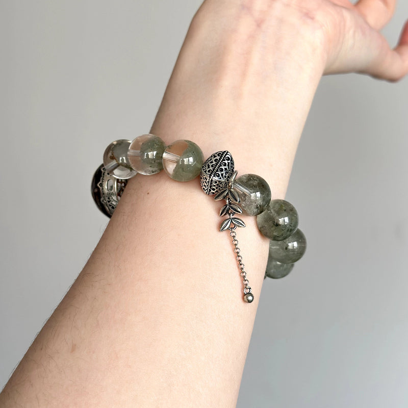 Sterling silver crystal bracelet featuring Green Garden Phantom and Clear Quartz – handmade jewelry for peace and healing.