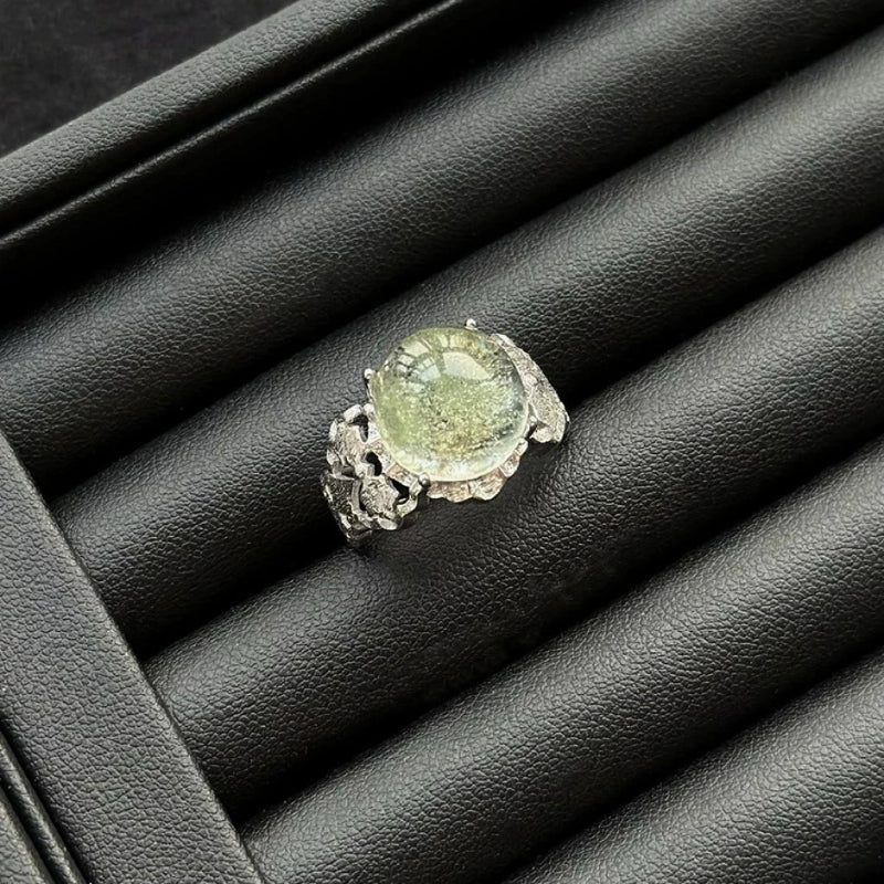 Green Phantom Quartz Ring with sterling silver, crystal for inner growth and grounding stability