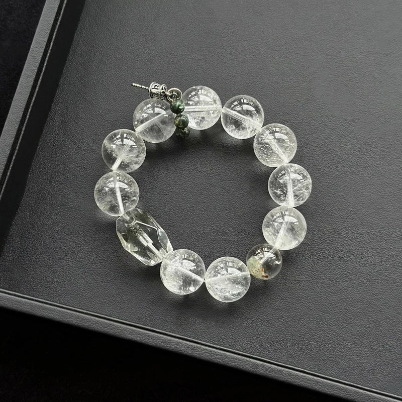 Healing crystal bracelet featuring Green Phantom, White Rabbit Hair Quartz, and Green Dragon – supports growth, clarity, and spiritual transformation.