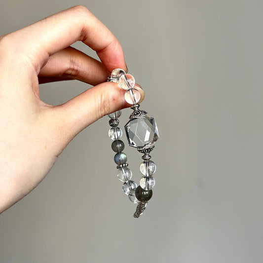 Healing crystal bracelet made with Grey Moonstone and Clear Quartz beads for calming energy