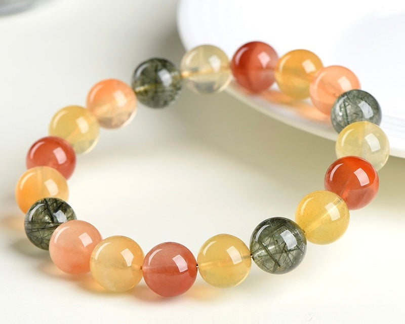 Healing crystal bracelet for women – natural rainbow rutilated quartz bead bracelet for positivity and protection