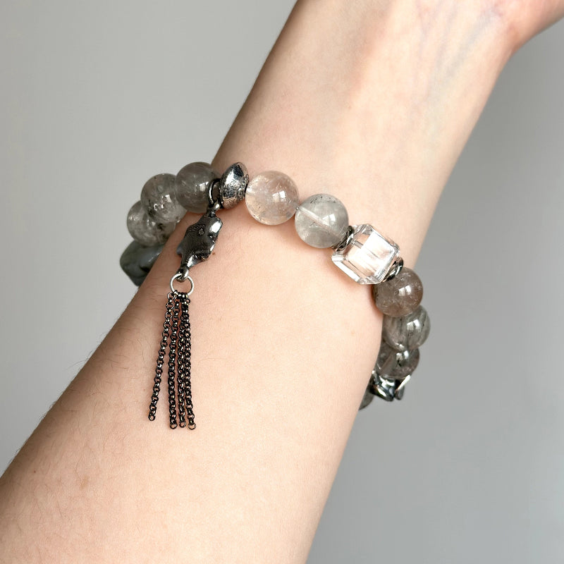 Sterling silver beaded bracelet with Jade and Rabbit Hair Quartz – handmade crystal jewelry for calm and focused energy.