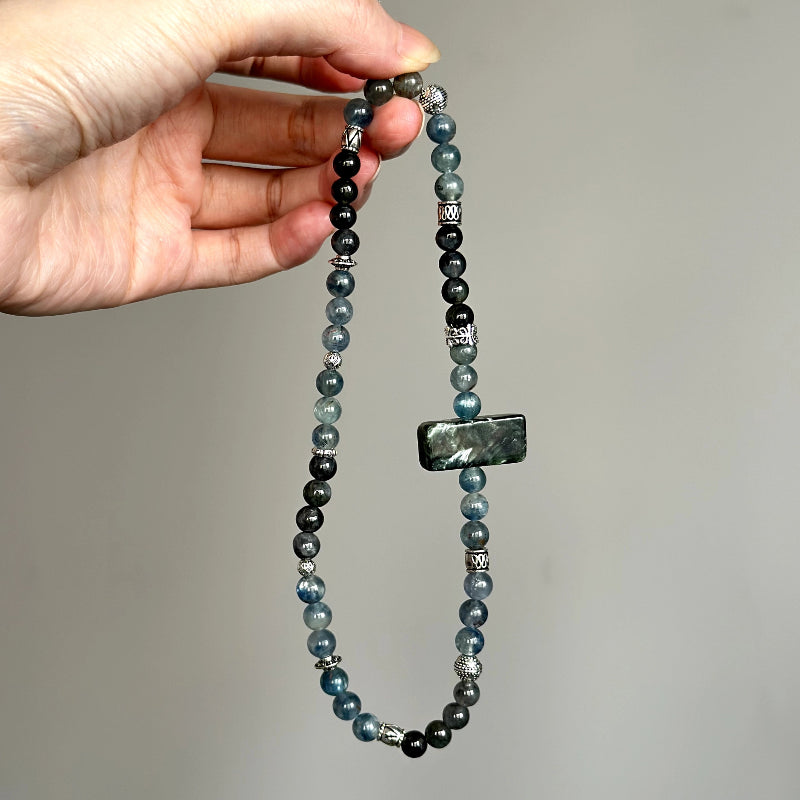 Beaded bracelet made with Jade, Kyanite, and Green Dragon Quartz – ideal for grounding, spiritual growth, and energy alignment.