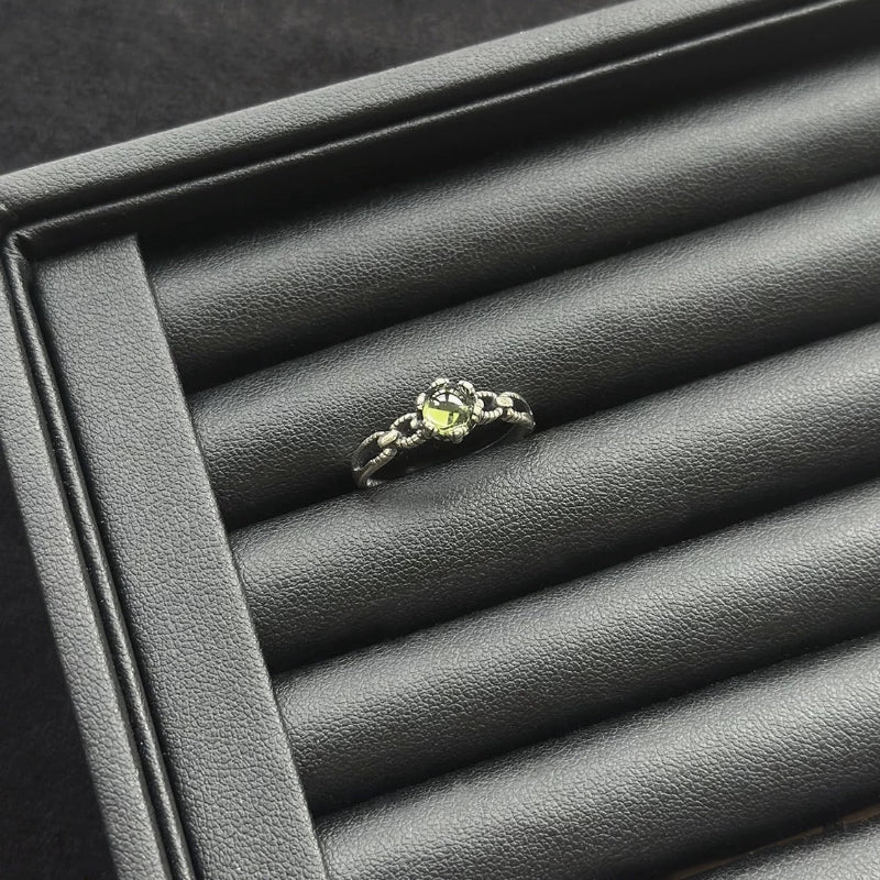 Green olivine crystal ring with sterling silver, crystal jewelry for confidence and attracting good luck