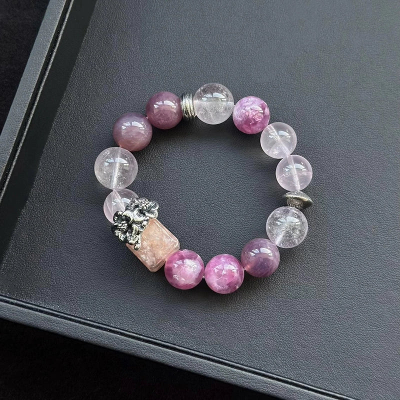 Healing crystal bracelet with Pink and Purple Lepidolite, Amethyst, and Rose Quartz – perfect for emotional balance and inner peace.