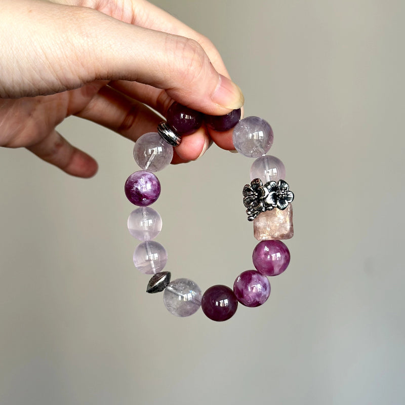 Beaded crystal bracelet made with Purple Lepidolite, Amethyst, and Rose Quartz – for calm, clarity, and self-love energy.