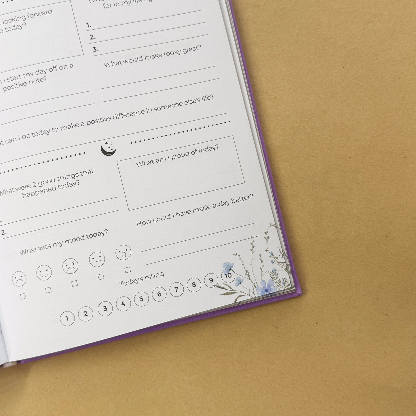 An open view of smooth, ink-friendly lined pages inside a celestial mindfulness diary.