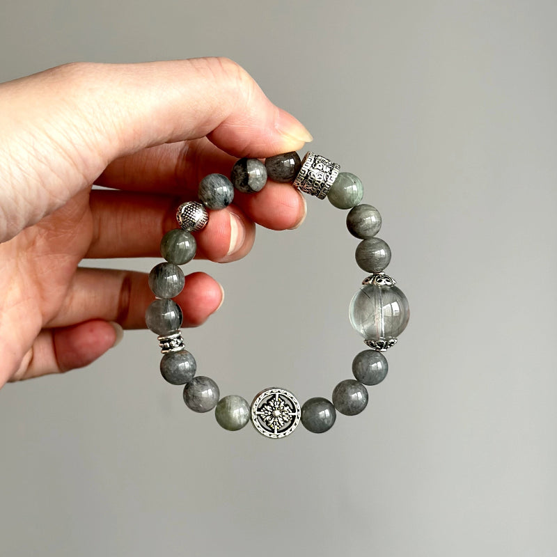 Beaded bracelet made with Green and Blue-Grey Rabbit Hair Phantom Quartz – ideal for heart chakra alignment and mindful reflection.
