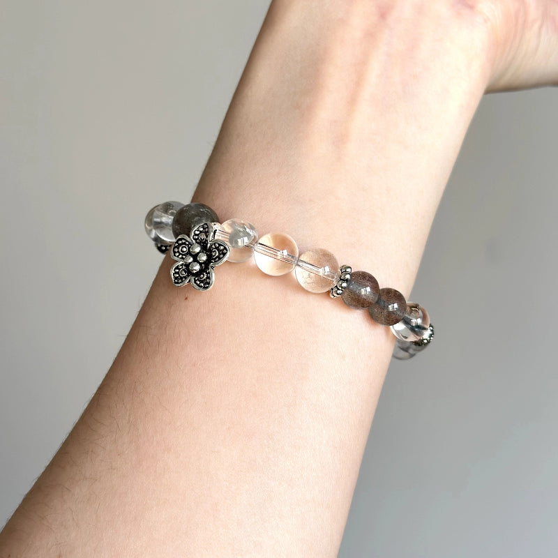 Women's silver crystal bracelet with Clear Quartz and Grey Moonstone for inner clarity