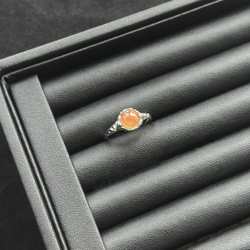 Tangerine Rutilated Rabbit Hair Ring with sterling silver, crystal ring for creativity and life energy