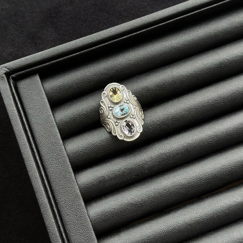 Trinity Light Ring with citrine, blue topaz, and amethyst in sterling silver, crystal ring for joy and confidence