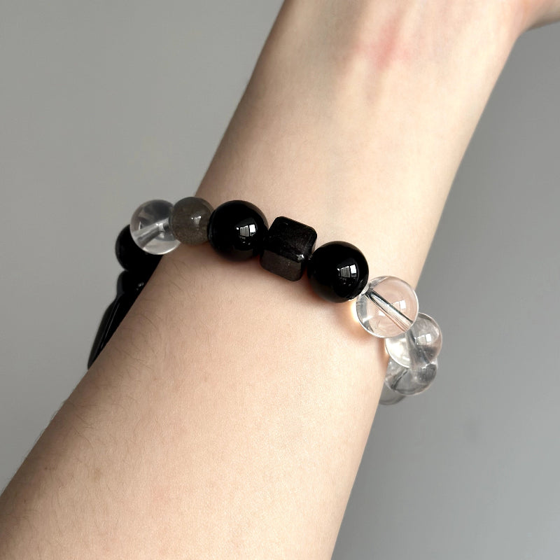 Unique beaded healing bracelet with Obsidian Vajra, Grey Moonstone, and Clear Quartz – designed for focus, energy balance, and masculine grounding.