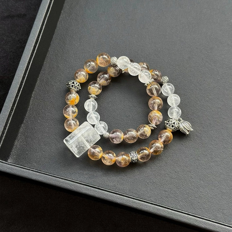 Healing crystal bracelet featuring White Azeztulite, White Phantom, and Golden Phantom Amethyst – supports spiritual awakening, clarity, and divine light.