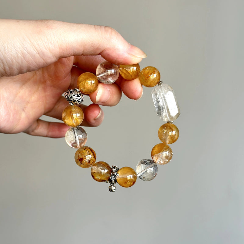 Crystal healing bracelet for energy and clarity – made with White Phantom and Rabbit Hair Quartz, accented with sterling silver.