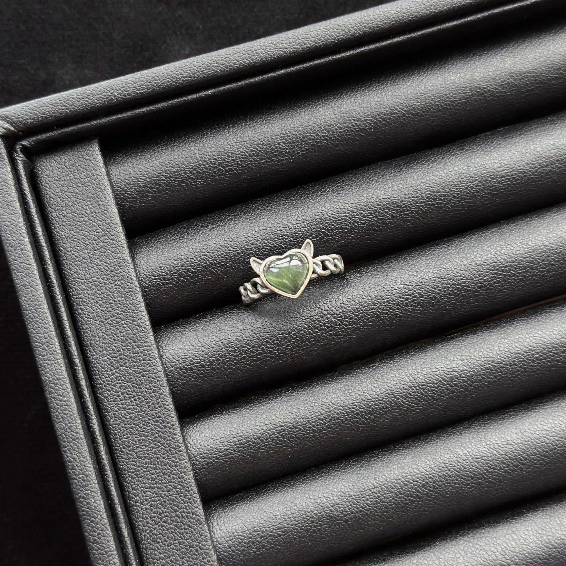 Green Rutilated Quartz Sterling Silver Ring in a black jewelry box