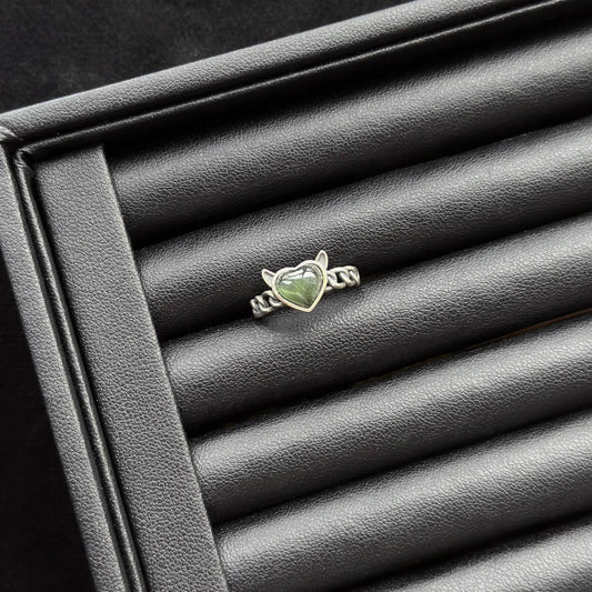 Green Rutilated Quartz Sterling Silver Ring in a black jewelry box