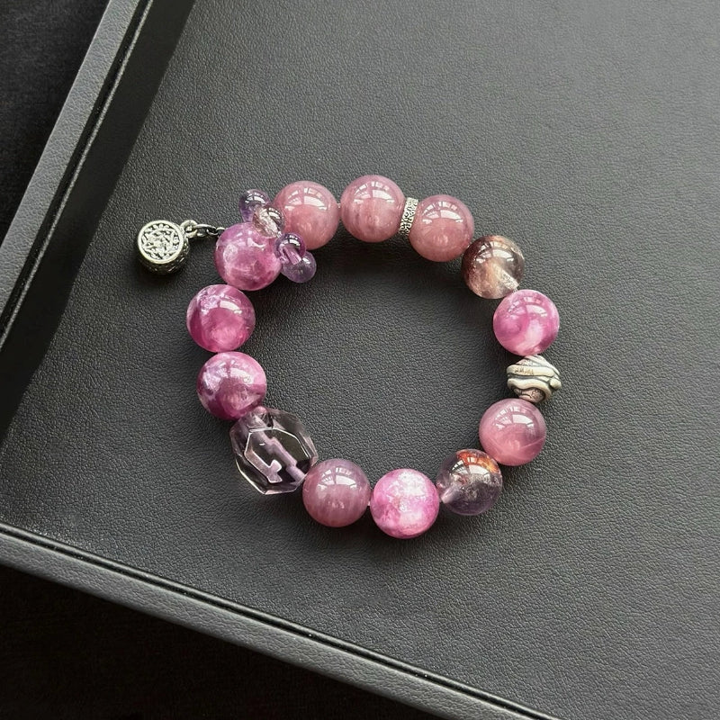 Healing crystal bracelet featuring Amethyst Phantom, Purple Lepidolite, and Rose Quartz – supports emotional healing, calm, and self-love.