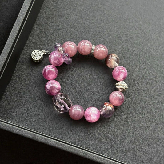 Healing crystal bracelet featuring Amethyst Phantom, Purple Lepidolite, and Rose Quartz – supports emotional healing, calm, and self-love.