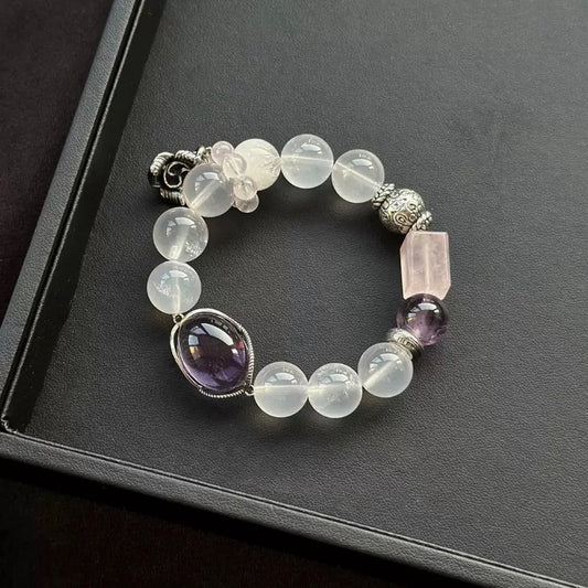 Healing crystal bracelet featuring Amethyst, Rose Quartz, and Purple & Snowflake Phantom – supports love, emotional healing, and spiritual balance.