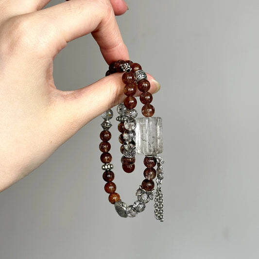 Crystal healing bracelet with Herkimer Diamond and Rutilated Quartz – supports focus, manifestation, and spiritual grounding.
