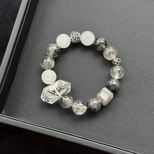 Healing crystal bracelet featuring Black Rutilated Phantom Quartz and Blue-Grey Rabbit Hair Phantom – supports grounding, clarity, and emotional transformation.