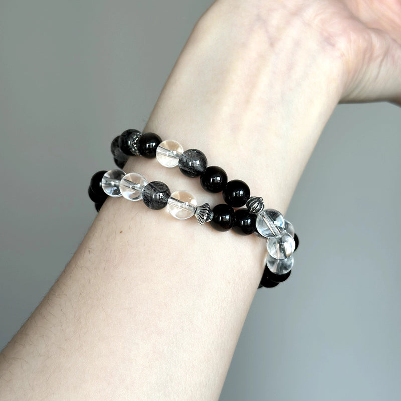 Sterling silver beaded crystal bracelet featuring Obsidian and Black Rutilated Quartz – healing stones for strength and energetic shielding.