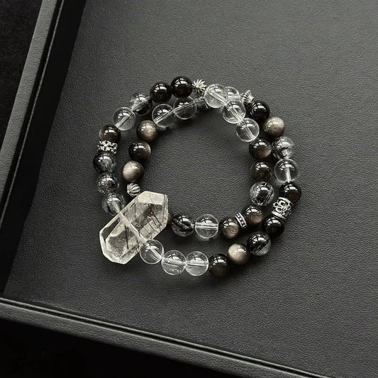 Healing crystal bracelet featuring Black Rutilated Quartz, Obsidian, and Clear Quartz – ideal for protection, grounding, and energy clarity.