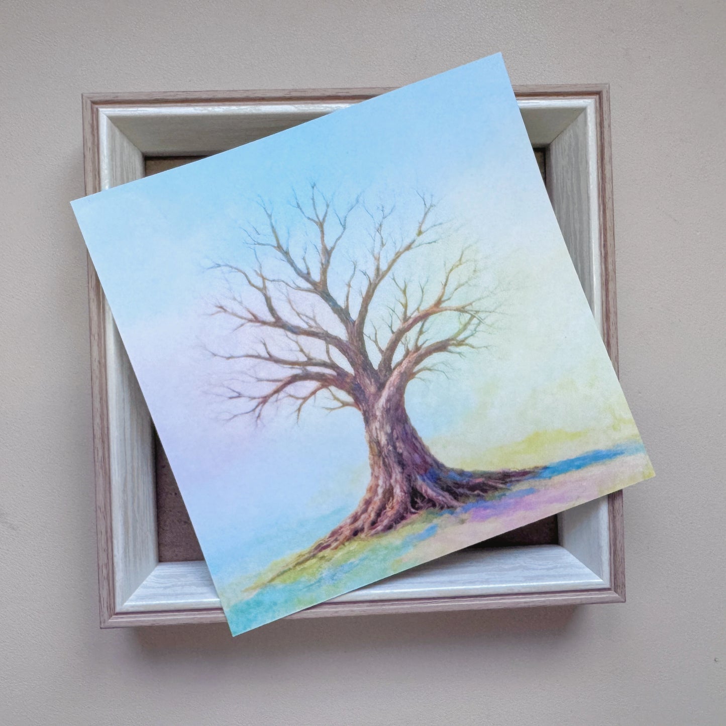 Pre-printed Tree of Life art canvas set inside a 6x6 inch square wood-grain frame ready for gemstone application.