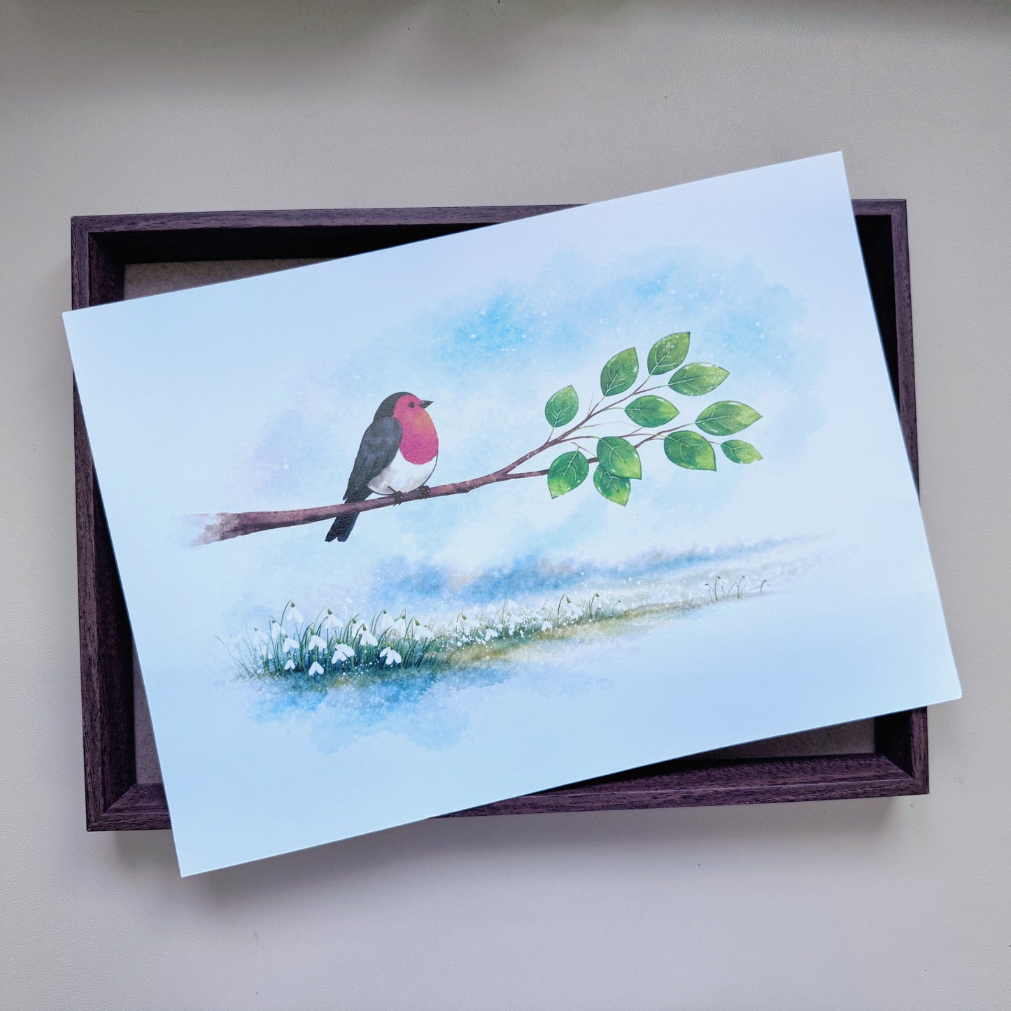 Pre-printed Robin and Snowdrop nebula art canvas set inside a natural wood-grain display frame before adding gemstone crystals.