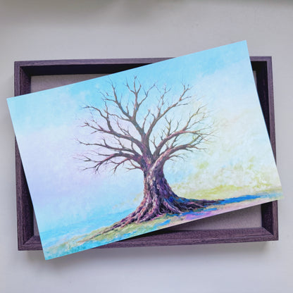 Pre-printed Tree of Life art canvas housed inside a natural wood-grain display frame ready for DIY natural crystal application.
