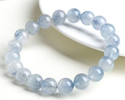Blue crystal bracelet – rabbit hair quartz for anxiety relief, meditation, and protection
