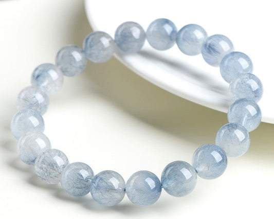 Blue crystal bracelet – rabbit hair quartz for anxiety relief, meditation, and protection
