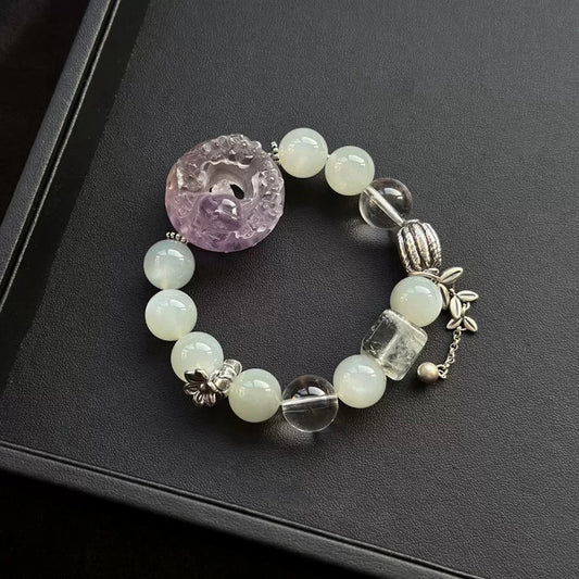Healing crystal bracelet featuring Carved Citrine Fox, Green Moonstone, and Azeztulite – supports abundance, intuition, and high-vibration energy.