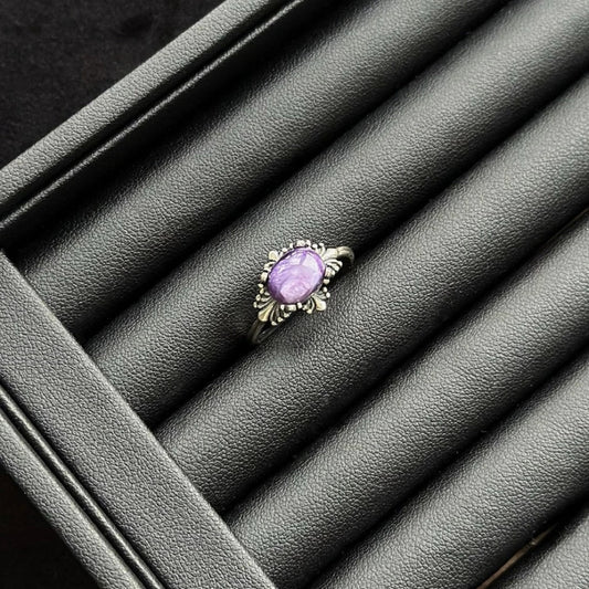 Charoite Ring with sterling silver, crystal for transformation, courage and spiritual growth