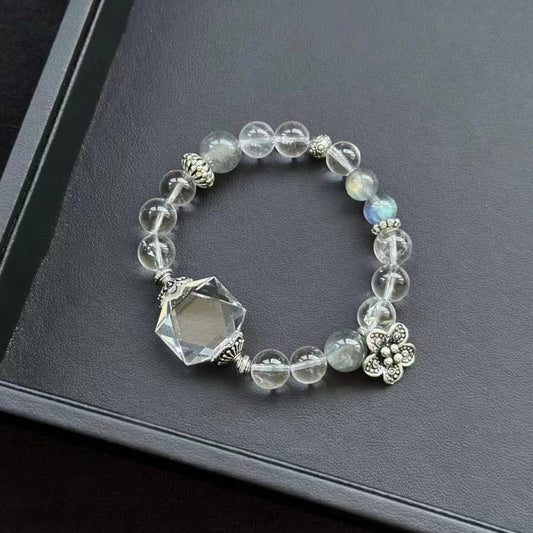 Clear Quartz and Grey Moonstone crystal bracelet for women, beaded healing stone jewelry