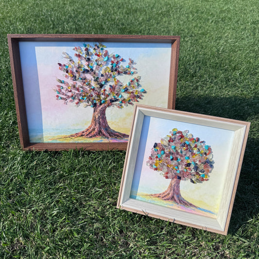 Side-by-side view of A4 and square Tree of Life gemstone home accessories.