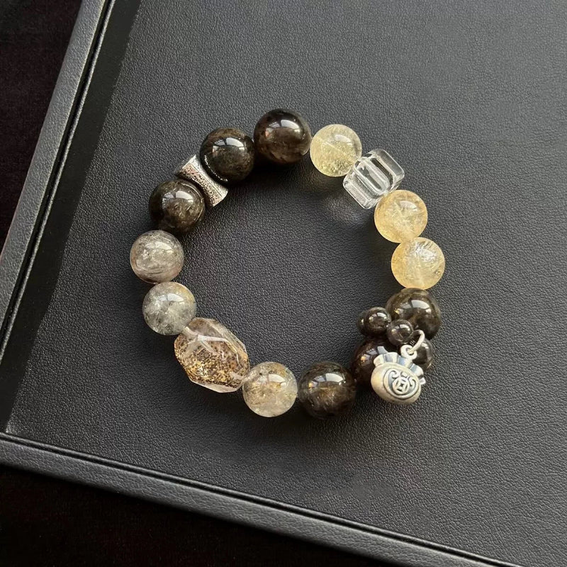 Healing crystal bracelet featuring Dendritic Quartz, Herkimer Diamond, and Black Feather Labradorite – supports intuition, clarity, and grounding.